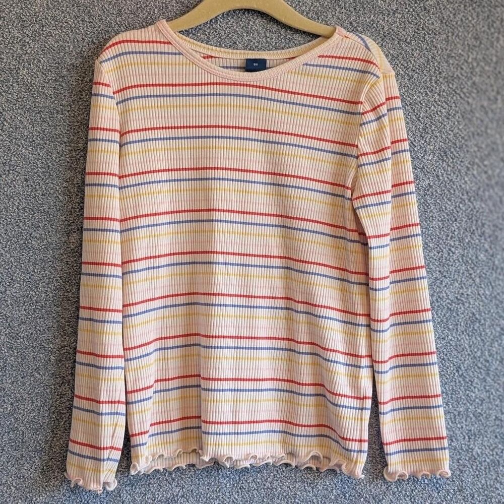Old Navy Girls Size 5T Rainbow Striped Lettuce Hem Long Sleeve Shirt
